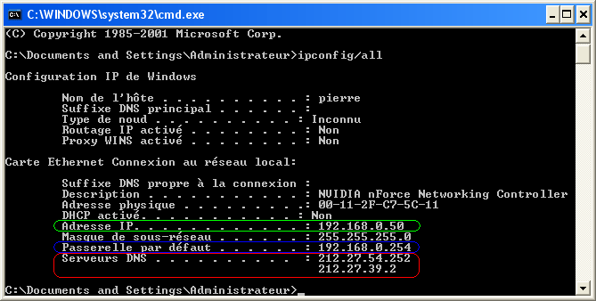 ipconfig /all avec la console DOS